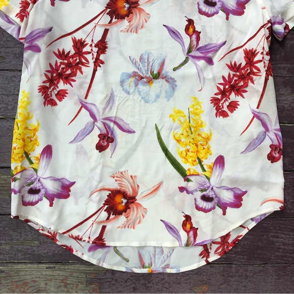 Equipment 100% Silk Riley Tee Endangered Floral Print T-shirt Bold Red Yellow - Picture 3 of 13